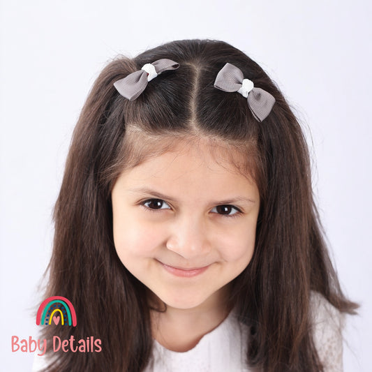 Set of 2 Mini Elegant Bow Hair Clips - Dark Grey & White