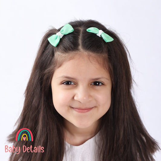 Set of 2 Mini Elegant Bow Hair Clips - Bright Green & White
