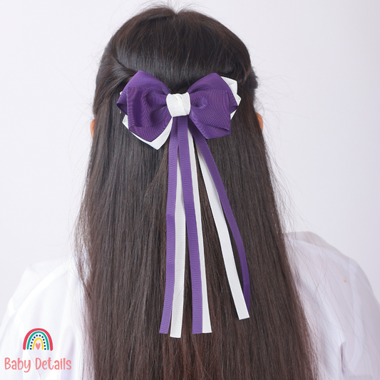Big Bow Layers with Long Ribbons - Dark Purple & White
