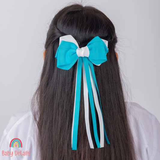 Big Bow Layers with Long Ribbons - Pacific Blue & White