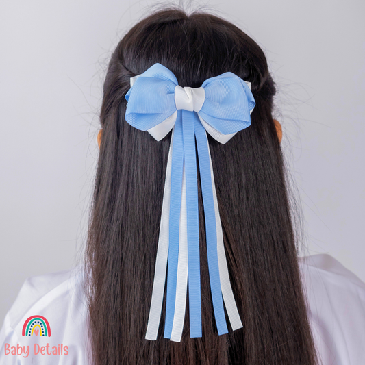 Big Bow Layers with Long Ribbons - Ice Blue & White