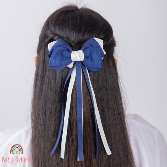 Big Bow Layers with Long Ribbons - Navy Blue & White