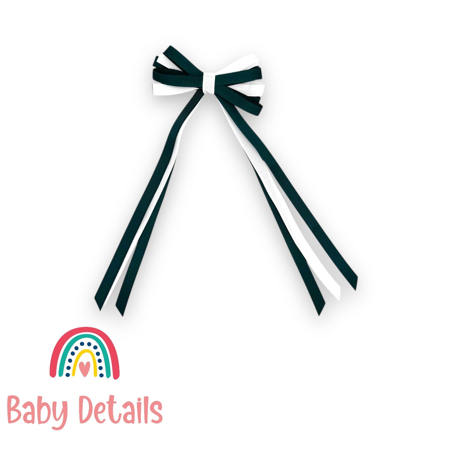Thin Bow Long Ribbon Hair Clip - Deep Green & White