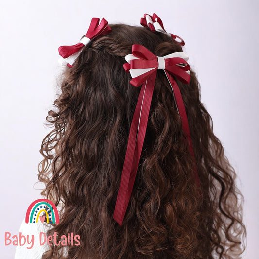 Thin Bow Long Ribbon Hair Clip - Maroon & White