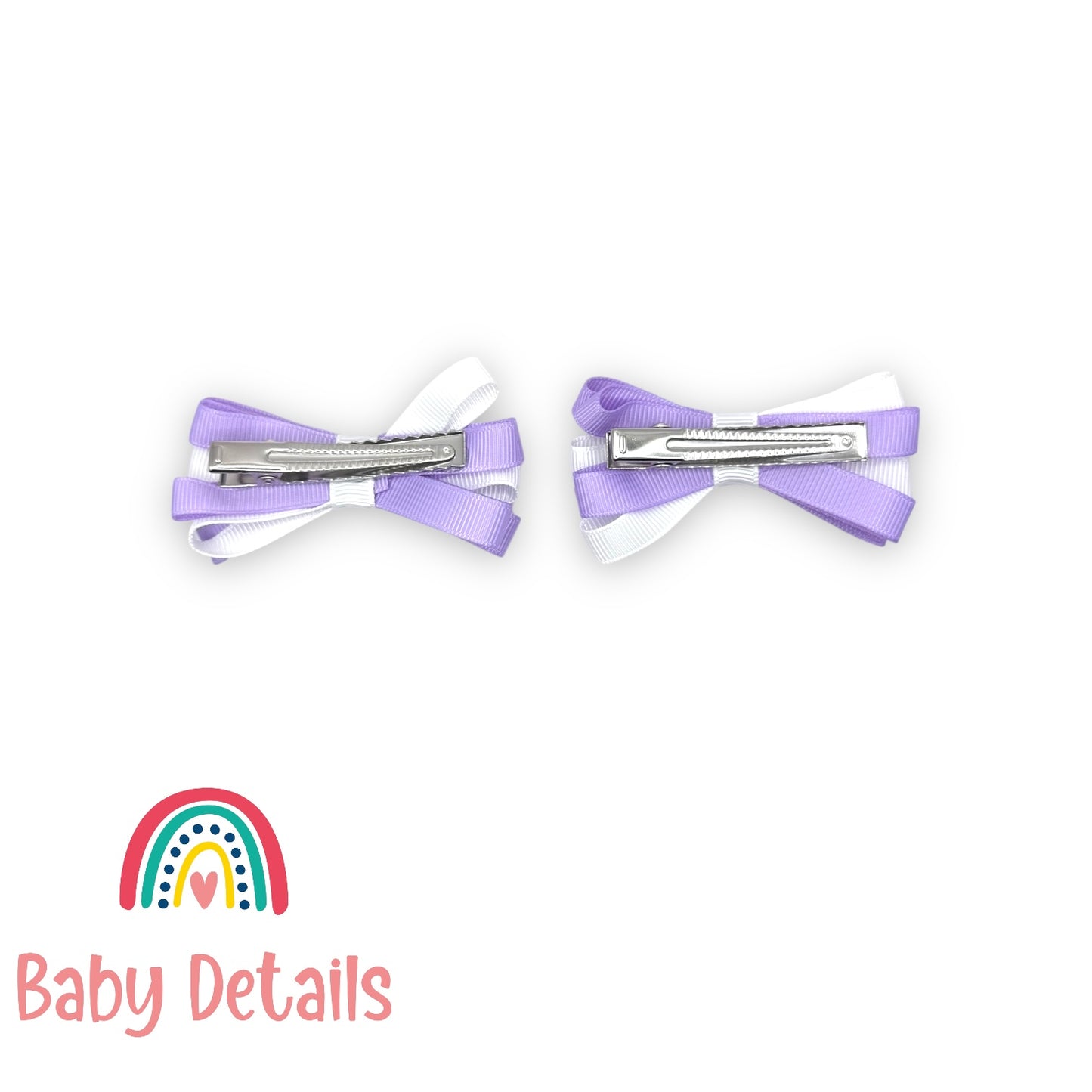 Set of 2 Thin Bow Hair Clips - Purple & White