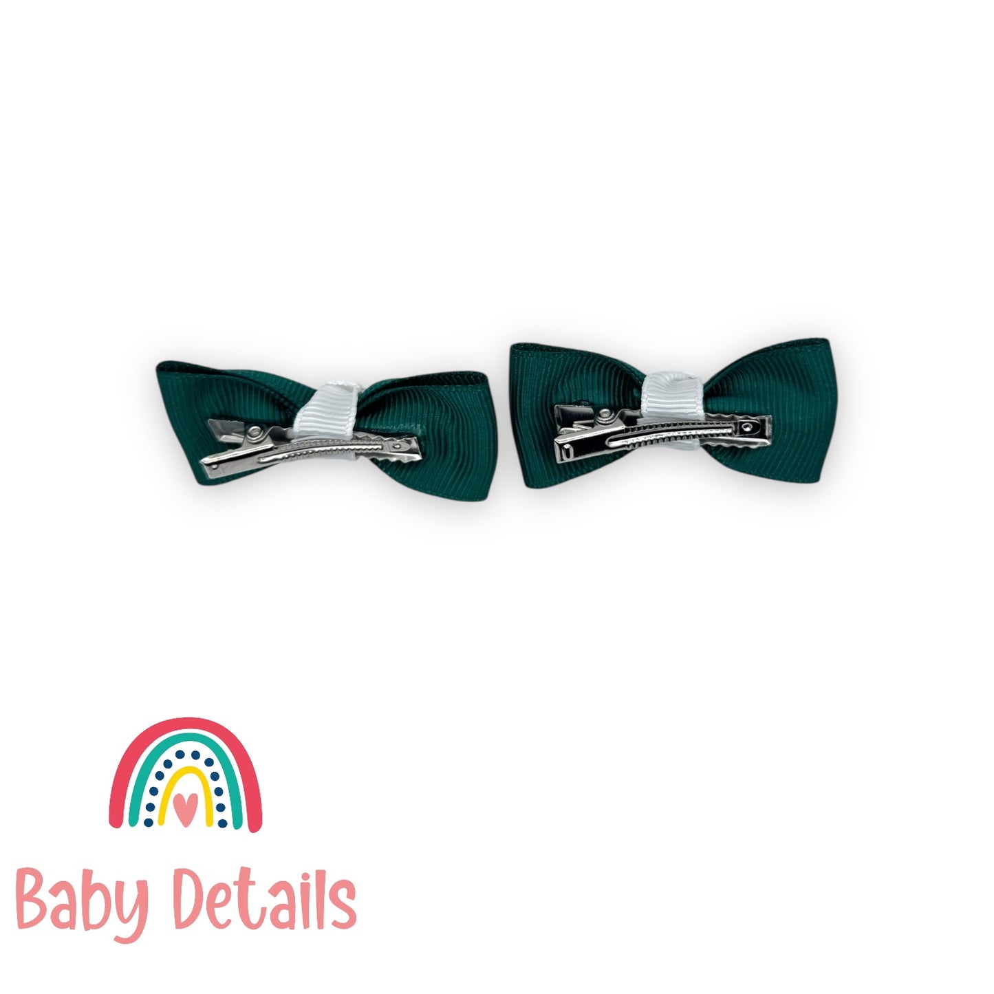 Set of 2 Mini Elegant Bow Hair Clips - Dark Green & White