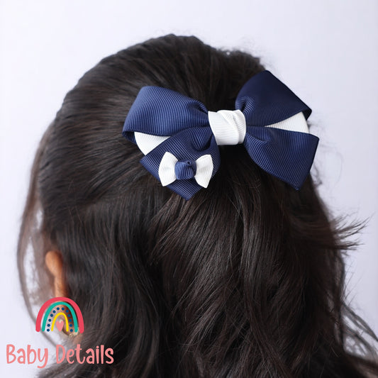 Elegant Pair Bow Clip- Navy Blue & White