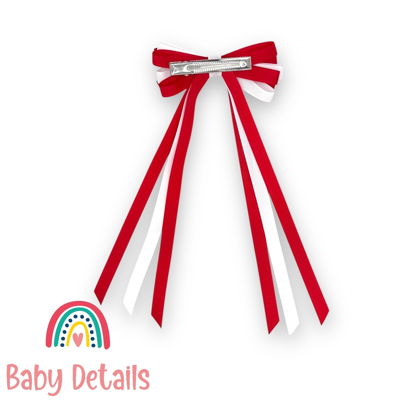 Thin Bow Long Ribbon Hair Clip - Red & White