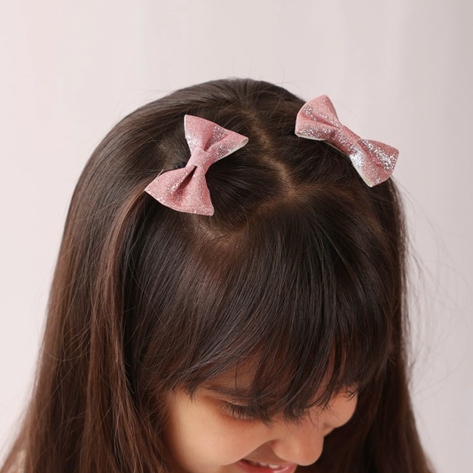 Set of 2 Glitter Bow Hair Clip - Light Pink