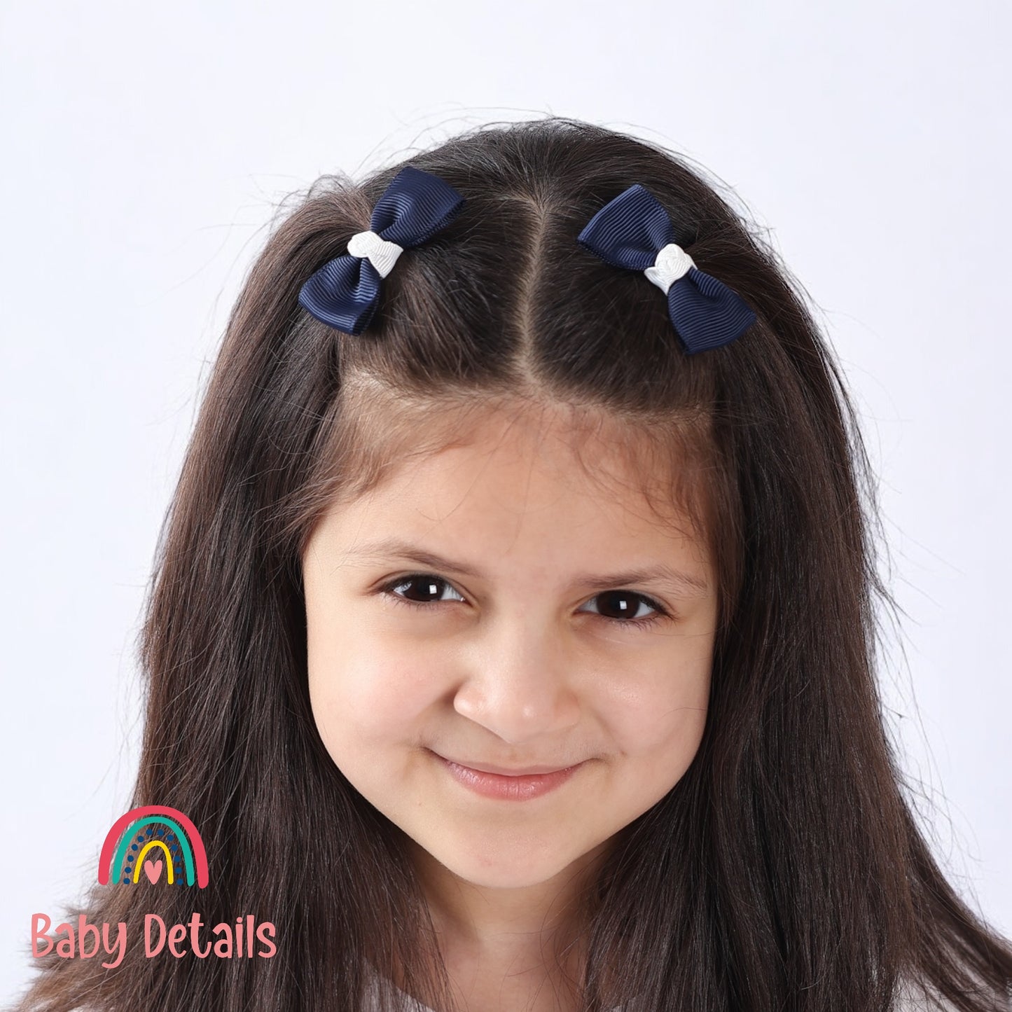 Set of 2 Mini Elegant Bow Hair Clips - Navy Blue & White