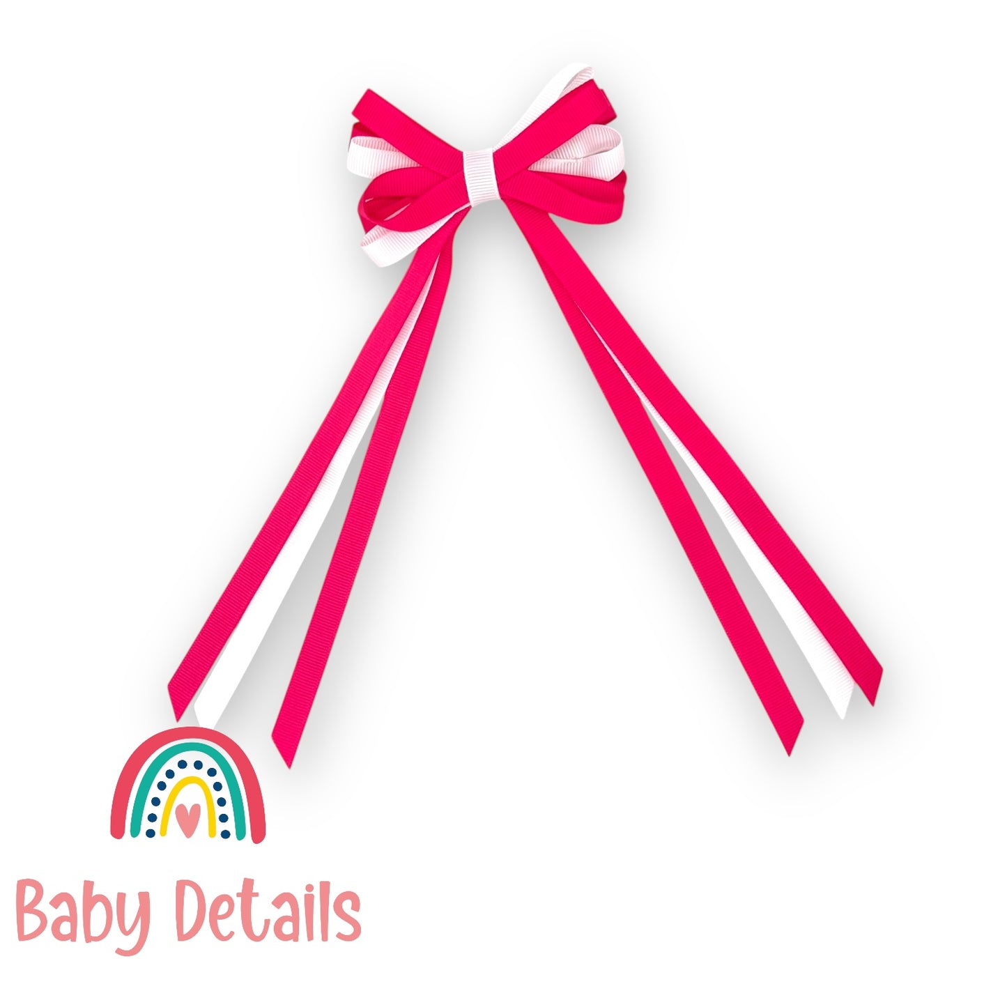 Thin Bow Long Ribbon Hair Clip - Fuchsia & White