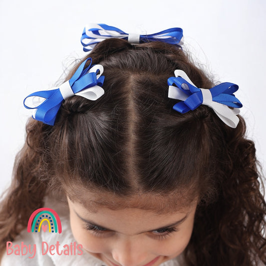 Set of 2 Thin Bow Hair Clips - Royal Blue & White