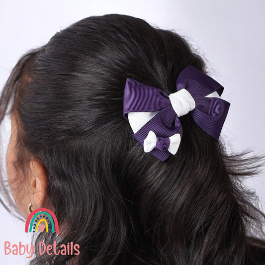 Elegant Pair Bow Clip- Dark Purple & White