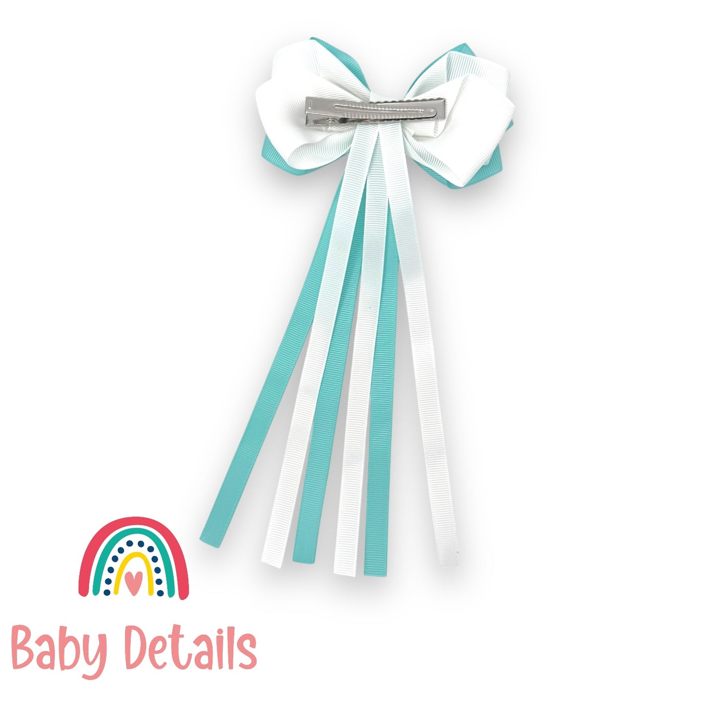 Big Bow Layers with Long Ribbons - Aqua Green & White