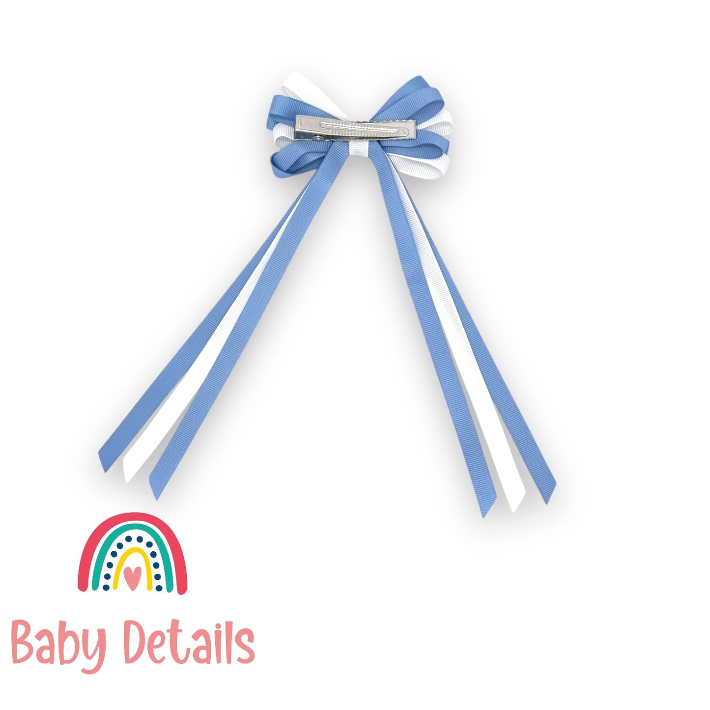 Thin Bow Long Ribbon Hair Clip - Ice Blue & White