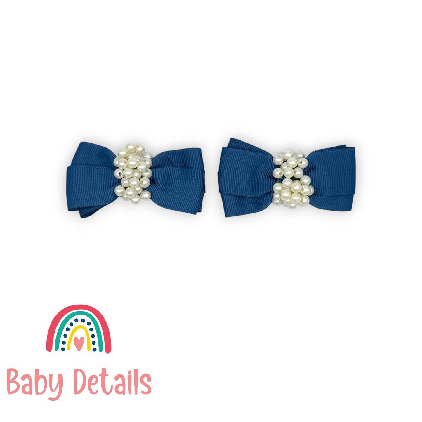 Set of 2 Pearl Ribbon Hair Clip - Navy Blue