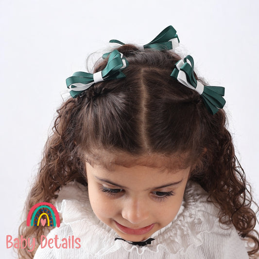 Set of 2 Thin Bow Hair Clips - Dark Green & White