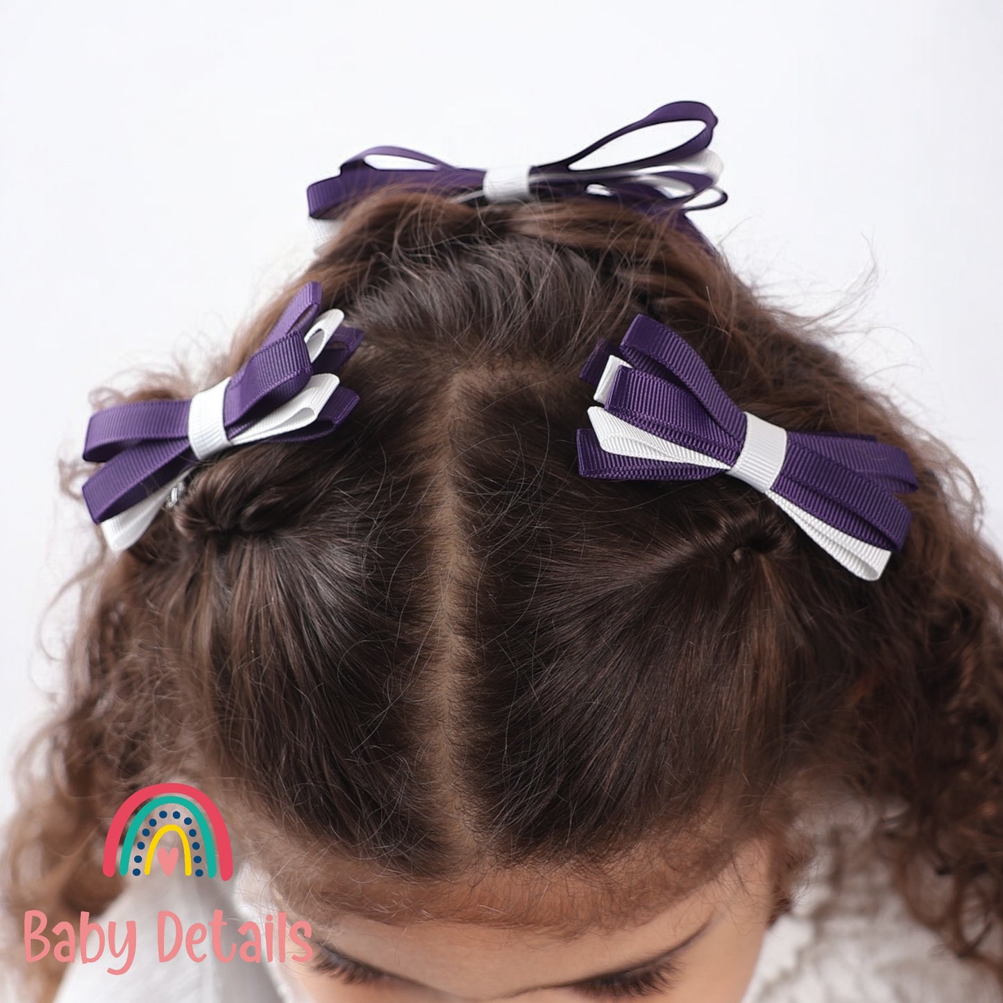 Set of 2 Thin Bow Hair Clips - Dark Purple & White