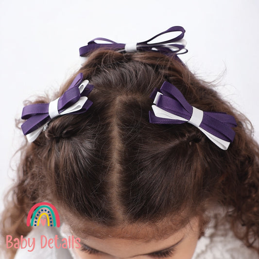 Set of 2 Thin Bow Hair Clips - Dark Purple & White