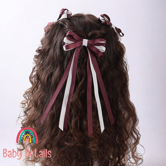 Thin Bow Long Ribbon Hair Clip - Burgundy & White