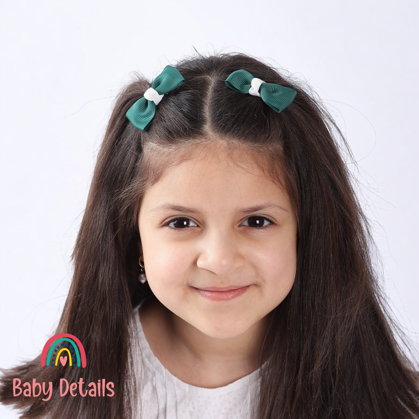 Set of 2 Mini Elegant Bow Hair Clips - Dark Green & White