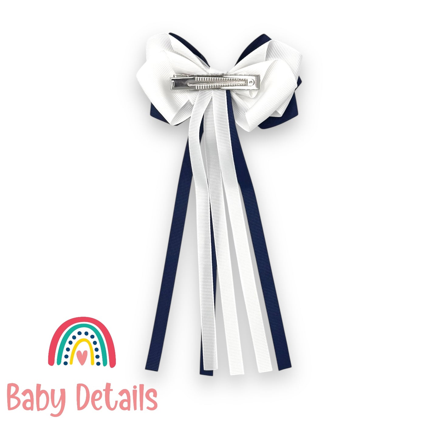 Big Bow Layers with Long Ribbons - Navy Blue & White