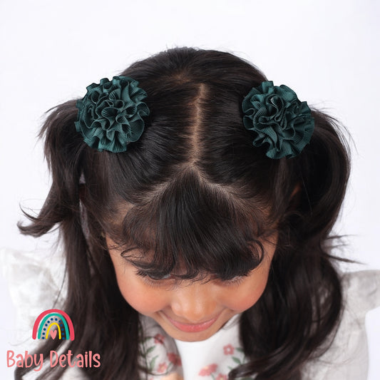 Set of 2 Rosette Bow Hair Clips - Deep Green