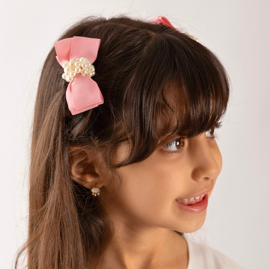 Set of 2 Pearl Ribbon Hair Clip - Pink