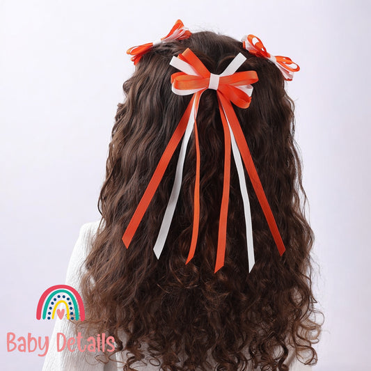 Thin Bow Long Ribbon Hair Clip - Orange & White