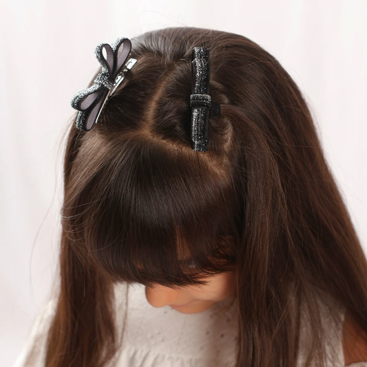 Set of 2 thin Shiny Ribbon - Black & Silver