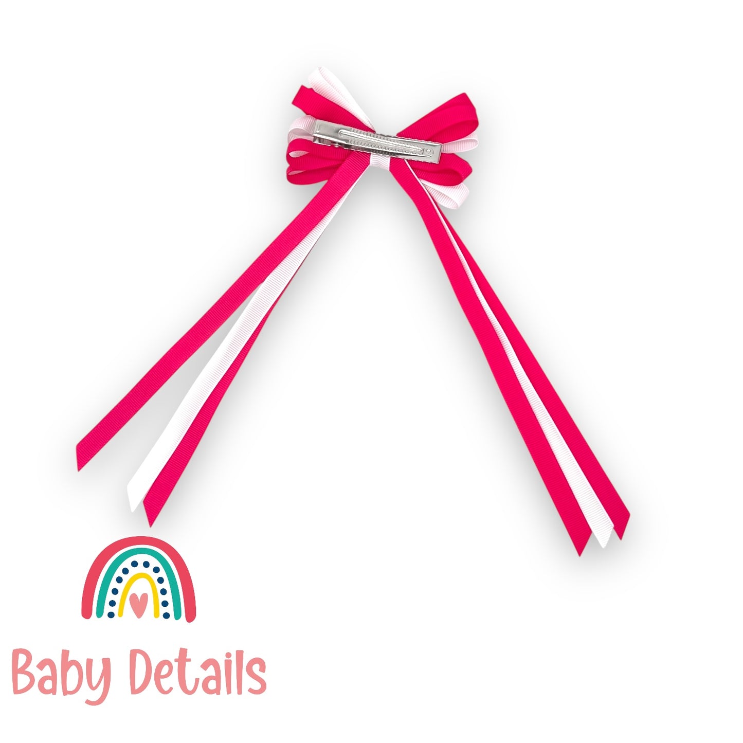 Thin Bow Long Ribbon Hair Clip - Fuchsia & White
