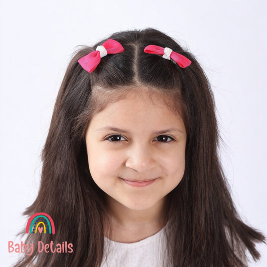 Set of 2 Mini Elegant Bow Hair Clips - Fuchsia & White