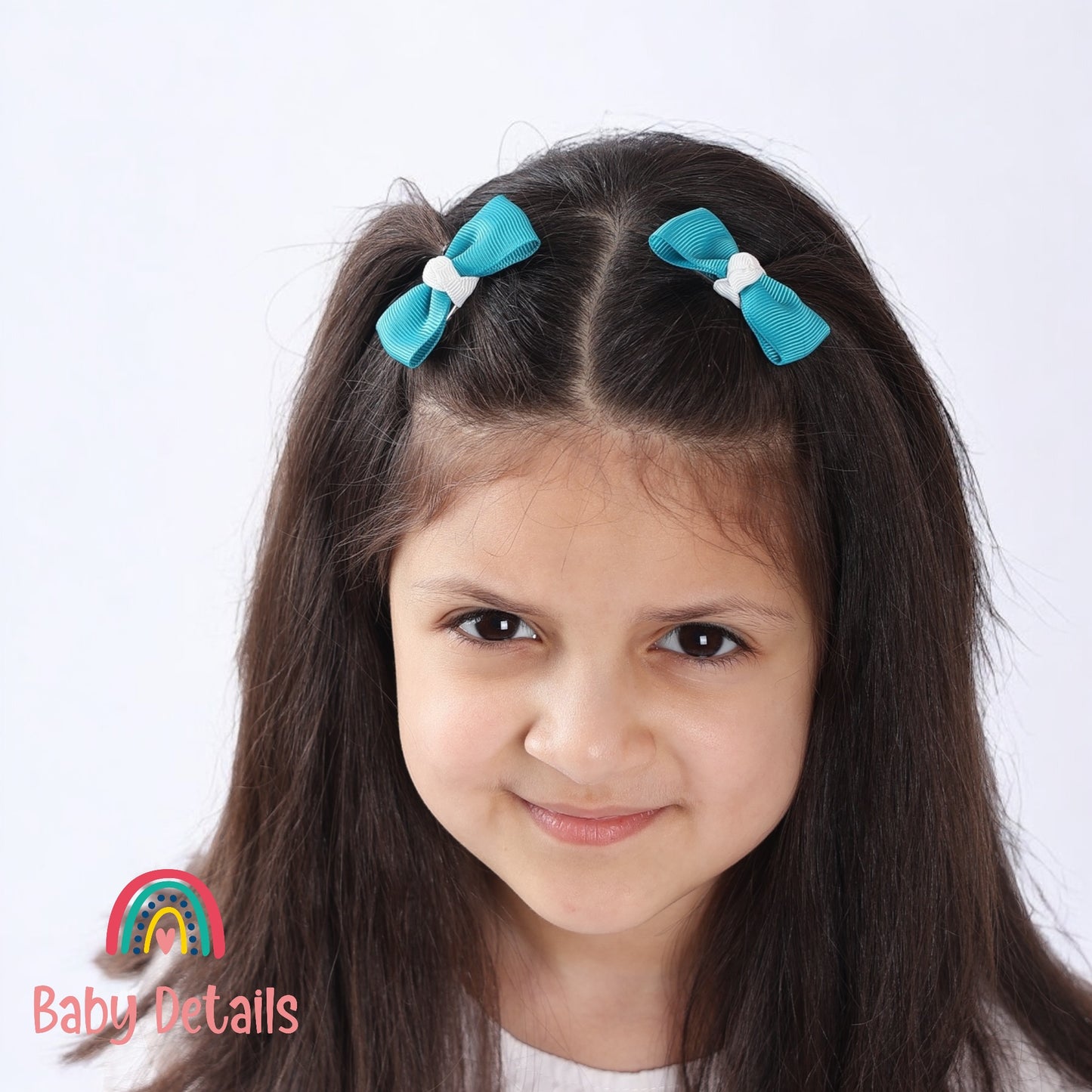 Set of 2 Mini Elegant Bow Hair Clips - Pacific Blue & White