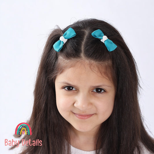 Set of 2 Mini Elegant Bow Hair Clips - Pacific Blue & White