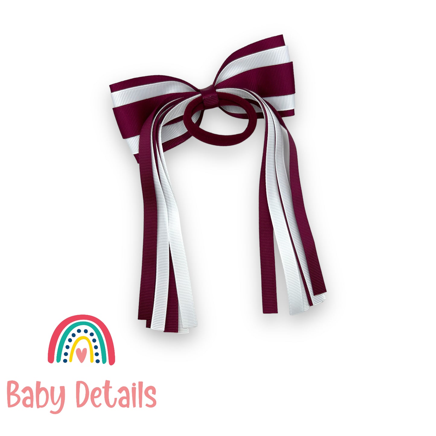 Hair Tie with long ribbons - Maroon & White