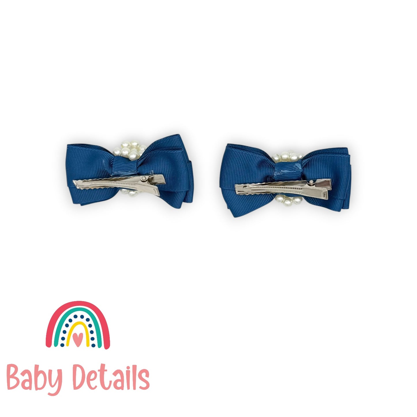 Set of 2 Pearl Ribbon Hair Clip - Navy Blue