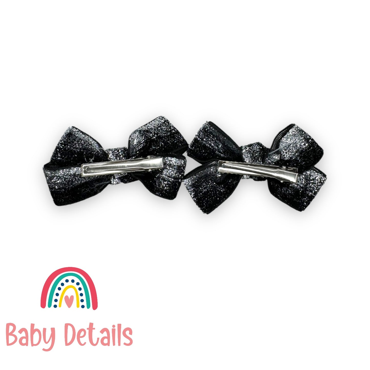 Set of 2 Glitter Bow Clips - Shades of Black & Silver