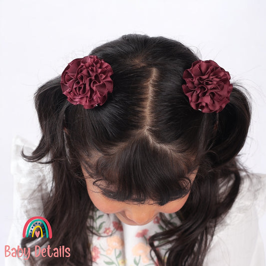 Set of 2 Rosette Bow Hair Clips - Burgundy