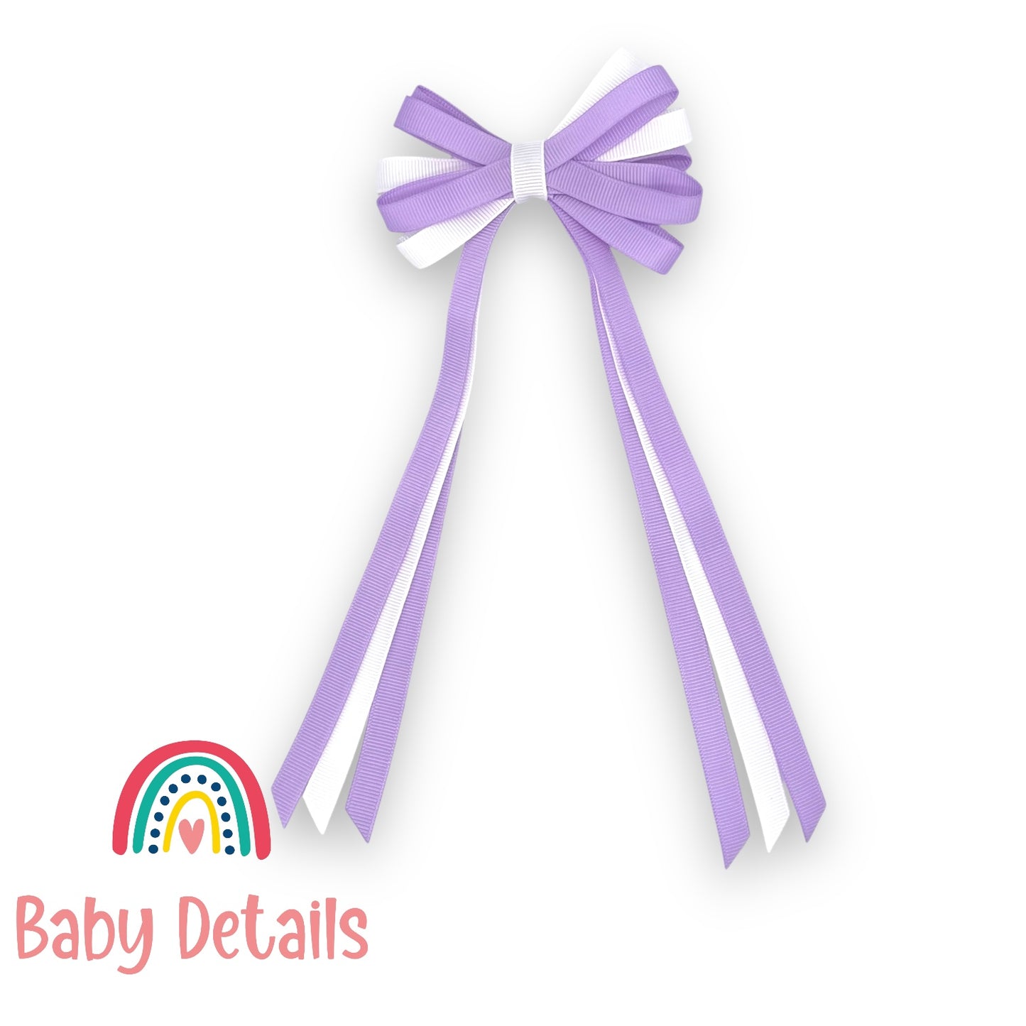 Thin Bow Long Ribbon Hair Clip - Purple & White