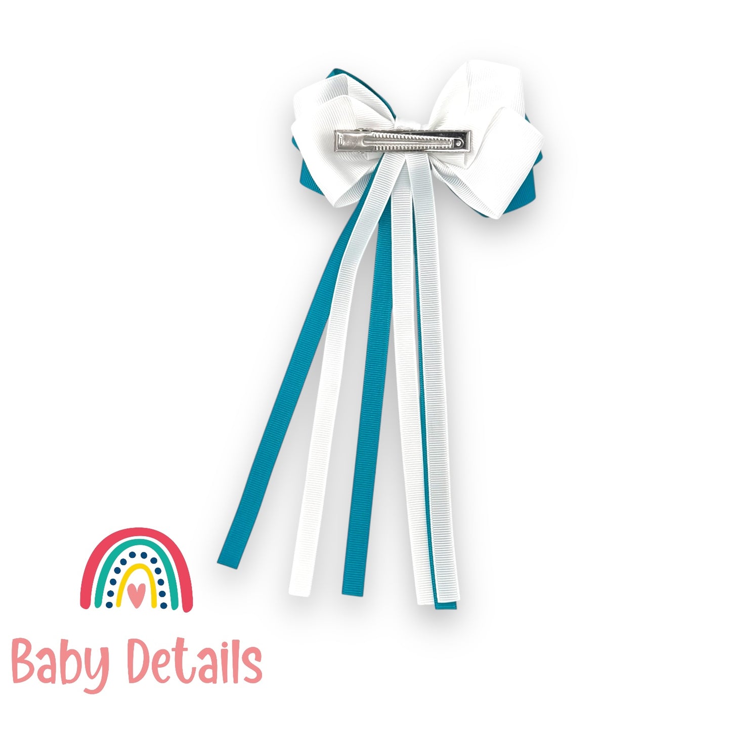 Big Bow Layers with Long Ribbons - Pacific Blue & White