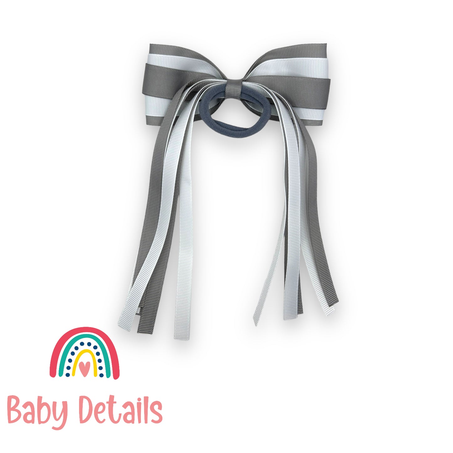 Hair Tie with long ribbons -  Light Grey & White