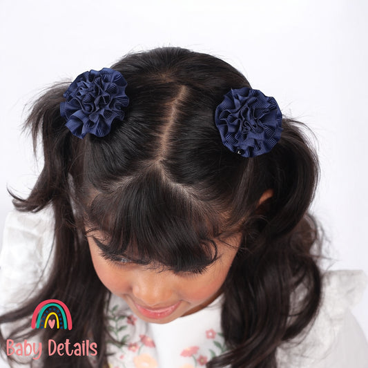 Set of 2 Rosette Bow Hair Clips - Navy Blue
