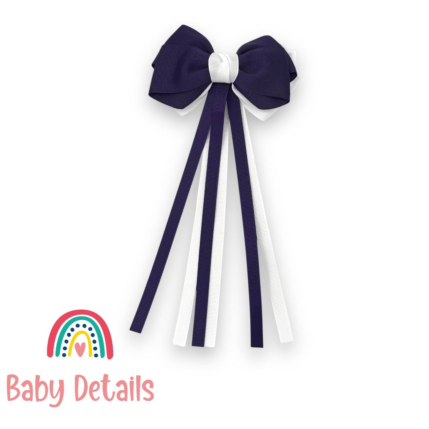 Big Bow Layers with Long Ribbons - Dark Purple & White