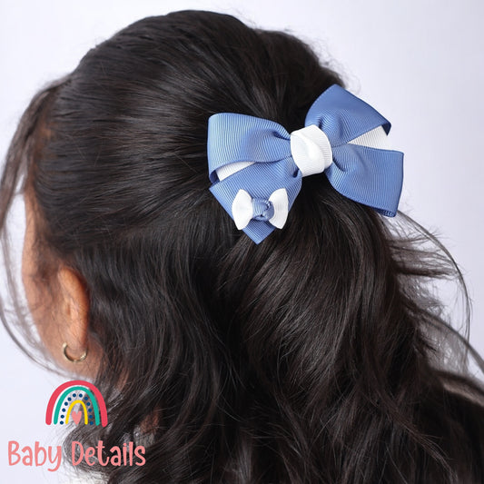 Elegant Pair Bow Clip- Blue Grey & White