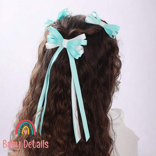 Thin Bow Long Ribbon Hair Clip - Aqua Green & White