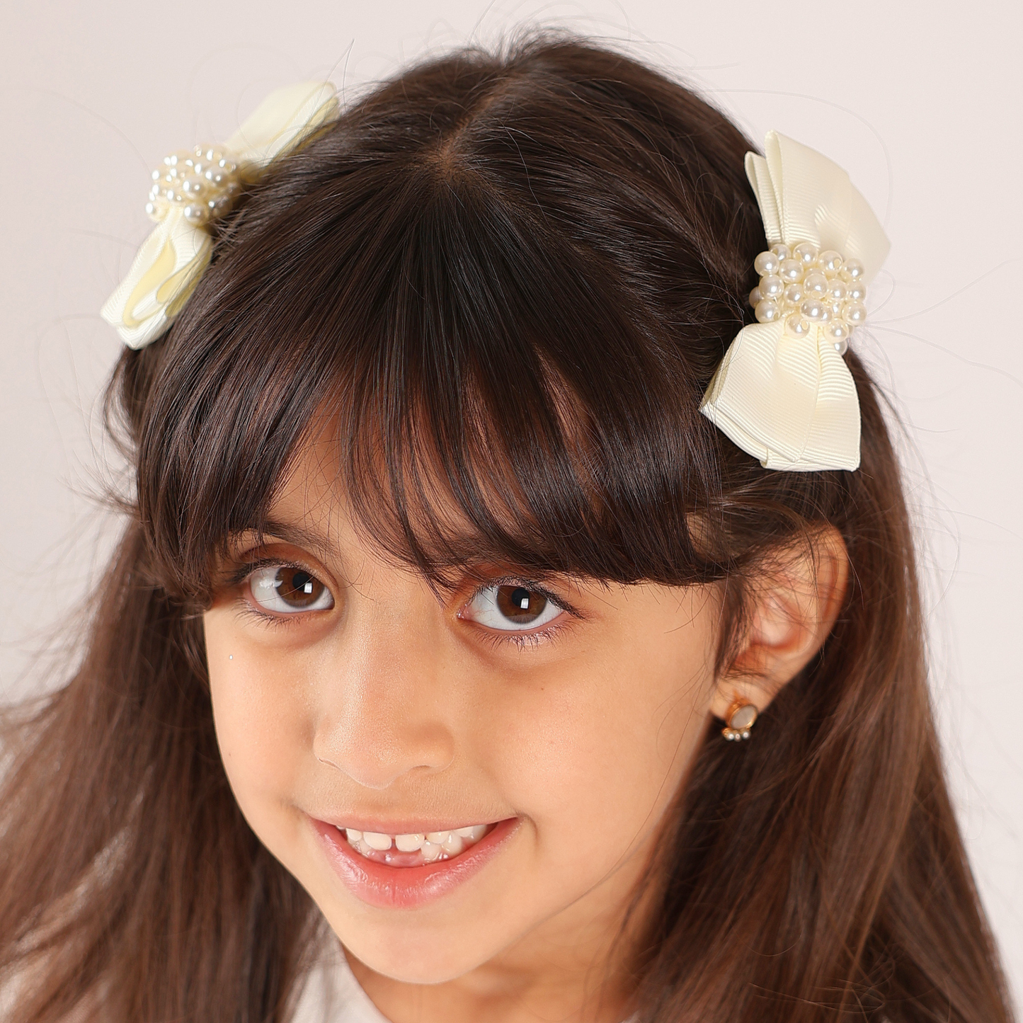 Set of 2 Pearl Ribbon Hair Clip - Offwhite