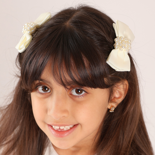 Set of 2 Pearl Ribbon Hair Clip - Offwhite
