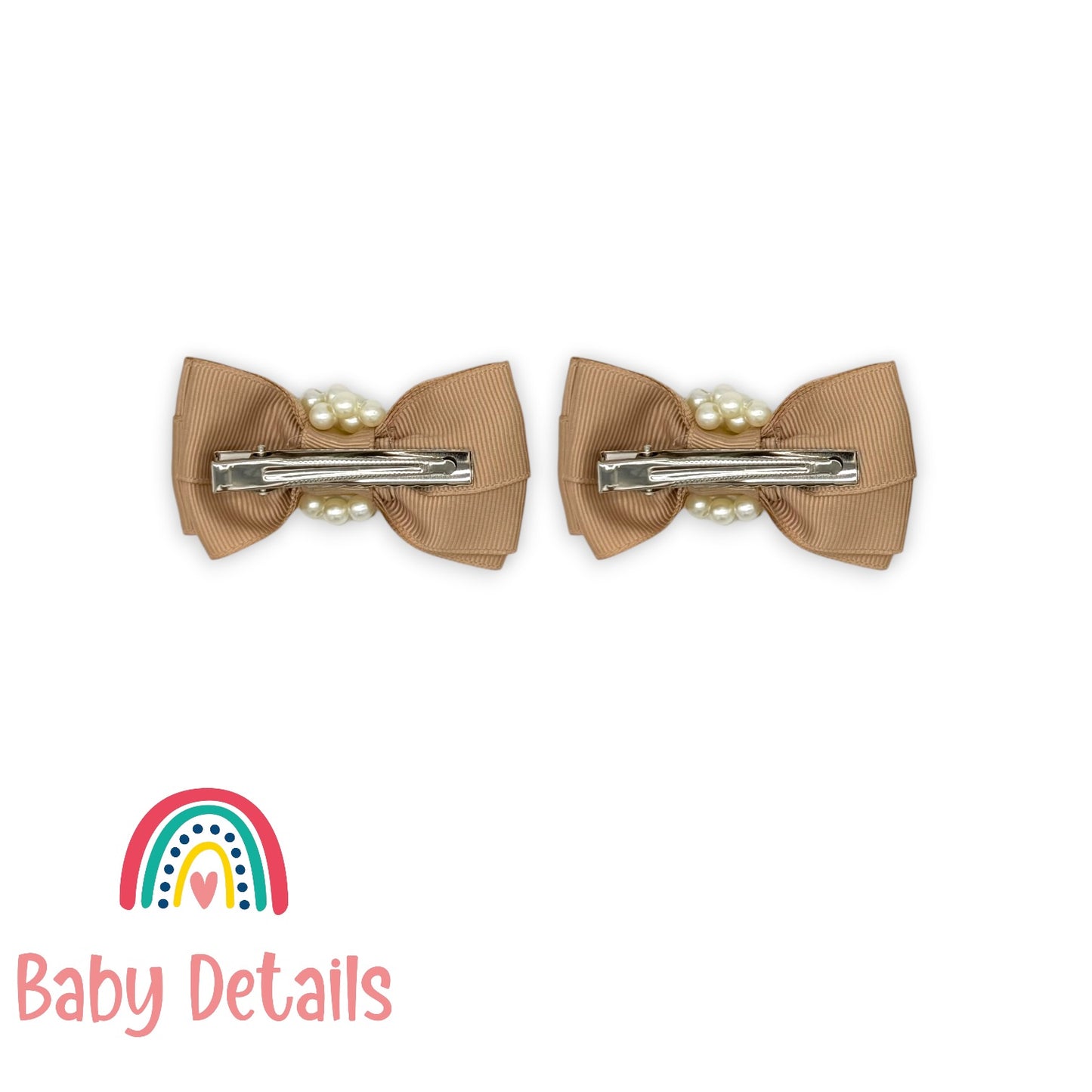 Set of 2 Pearl Ribbon Hair Clip - Beige
