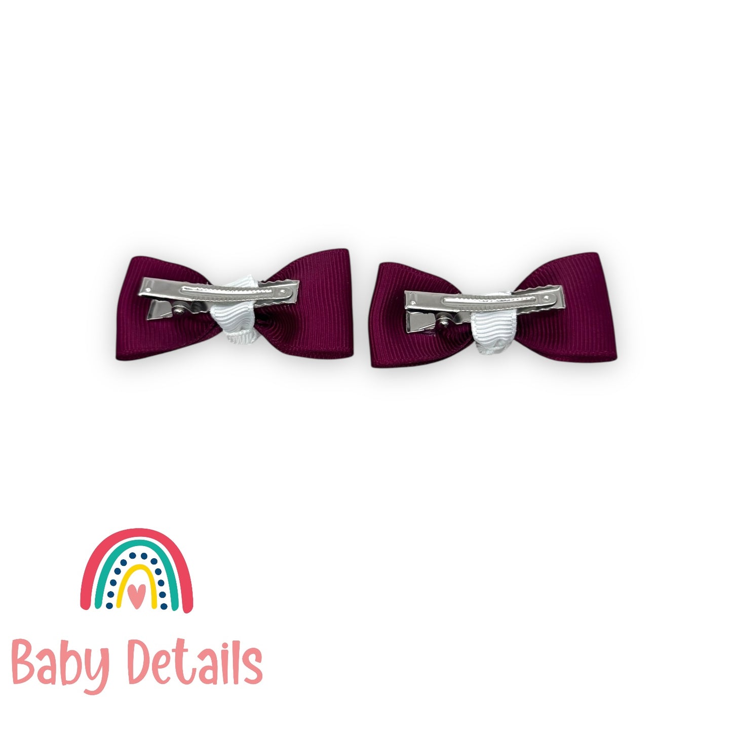 Set of 2 Mini Elegant Bow Hair Clips - Maroon & White