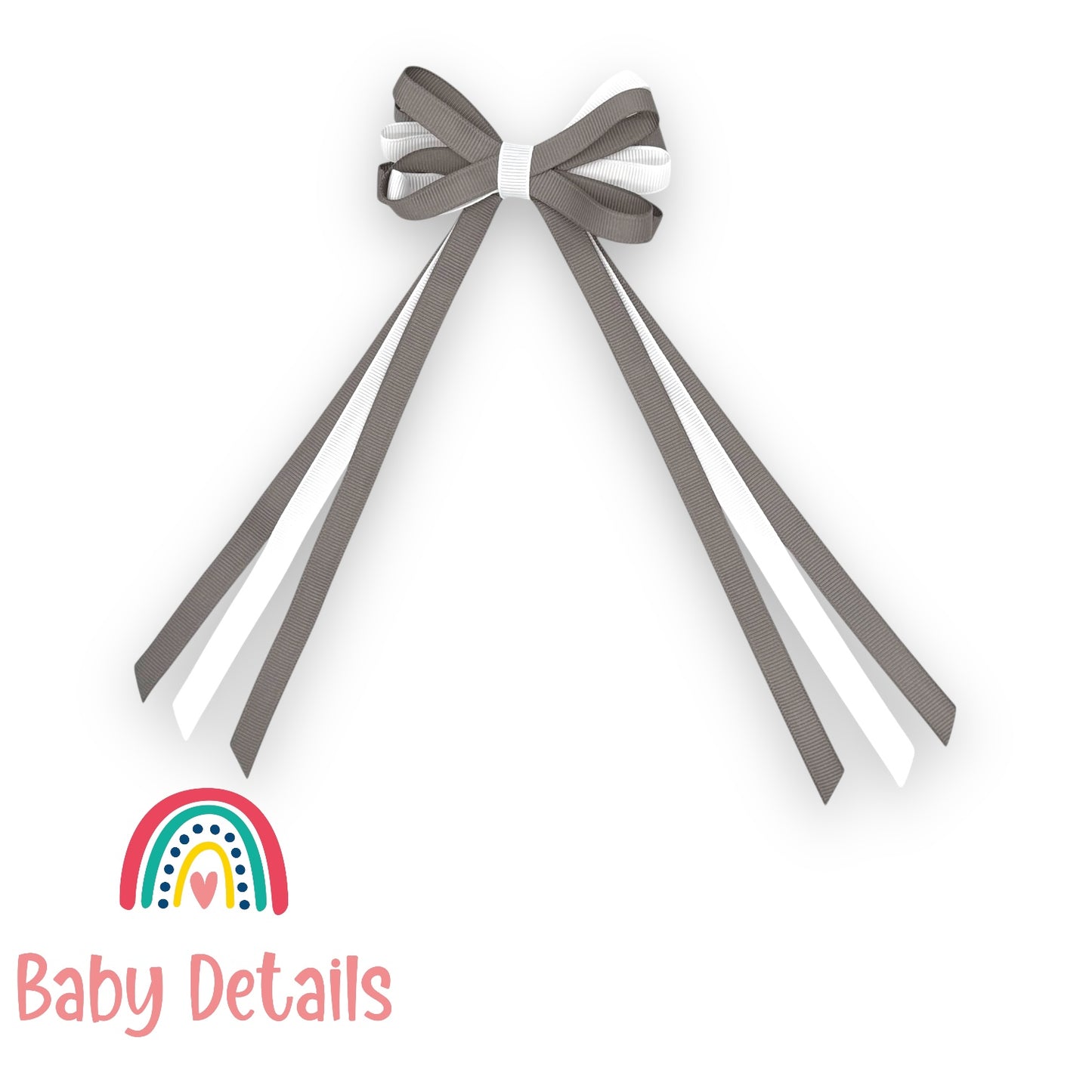 Thin Bow Long Ribbon Hair Clip - Dark Grey & White